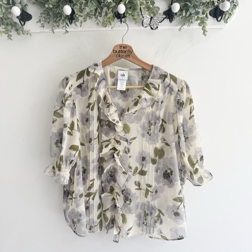 Cabi Cherish Floral Chiffon Top Ruffle Style 4720 Large